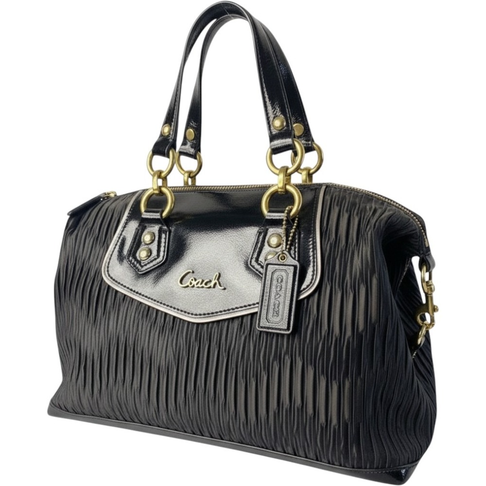 Coach Vintage Ashley Gathered Satin Satchel Black Patent Leather Handbag F20084